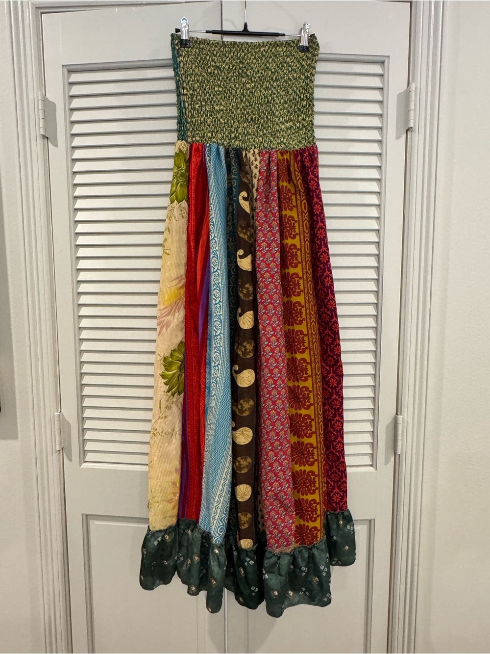 Multi-Panel Boho Maxi Skirt with Green Smocked Waist